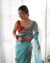 Gazing Soft Blue Rose Printed Pure Organza Saree